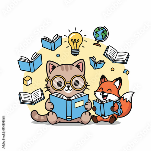 Cat and Fox Reading Books Together