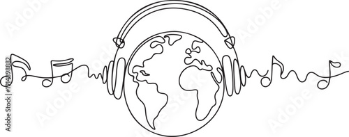 Continuous one line drawing globe wearing headphones. The diversity of cultures, languages, and traditions. Listen to music online. World Music Therapy Day. one line Icon drawing