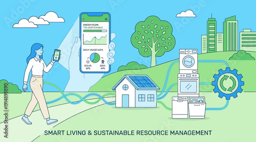 Smart Living and Sustainable Energy Management. Woman Monitoring Solar Power Flow and IoT Home Appliances via Mobile App Illustration.