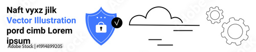 Data protection, cloud storage, cybersecurity, digital tools, authentication, innovation. Blue shield with lock, cloud gears. Data protection and cloud storage ion