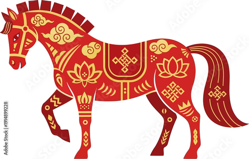Exquisite vibrant red horse illustration adorned with intricate golden patterns and traditional Asian cultural symbols, evoking prosperity and good fortune