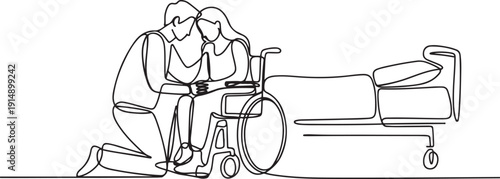 Single continuous line drawing young man kneeling before woman in wheelchair. Disabled wife sitting in wheelchair holding husband head in hospital ward. one line Icon drawing