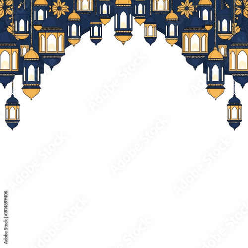 Ornate lanterns and floral motifs adorn the top border in a symmetrical pattern with architectural elements