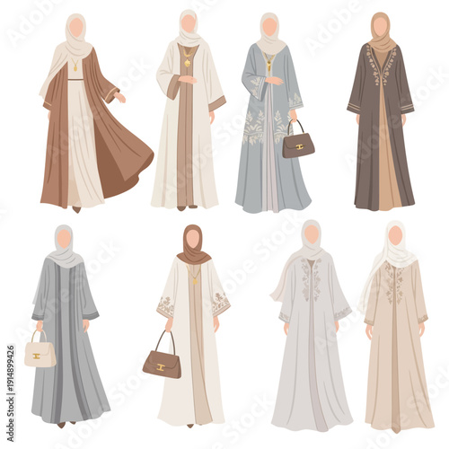 Illustrations of women wearing traditional attire and hijab, showcasing various styles and accessories from different cultural backgrounds.