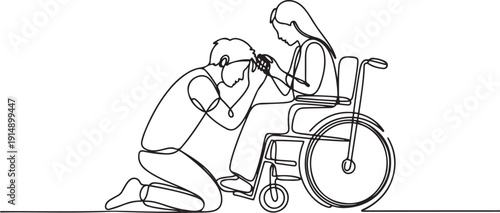 Single continuous line drawing young man kneeling before woman in wheelchair. Disabled wife sitting in wheelchair holding husband head in hospital ward. one line Icon drawing
