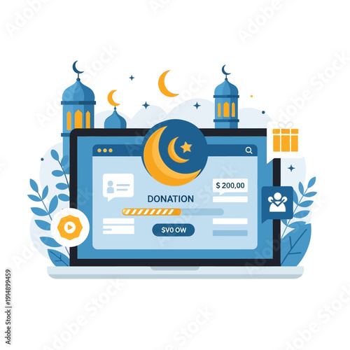 Donation page on laptop screen with crescent moon symbol during Ramadan charity event at night with mosque silhouettes