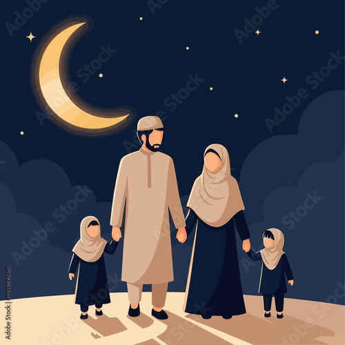 Family of four walking together under night sky with crescent moon and stars on a hill