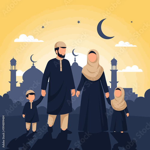 Family of four walking together under crescent moon with mosque silhouettes in the background