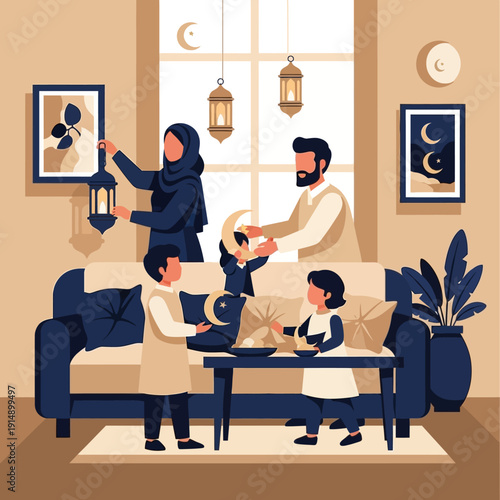 Family gathered together in a cozy living room celebrating a festive occasion with decorations and lanterns