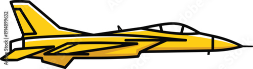 Yellow fighter jet silhouette vector illustration, modern military aircraft design with cockpit wings tail fin aerodynamic technology aviation isolated graphic