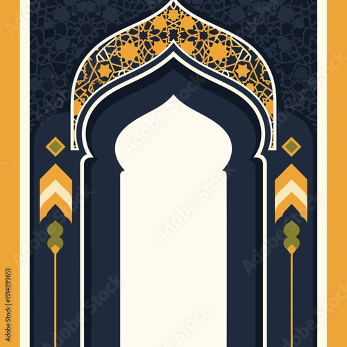 An ornate doorway illustration featuring intricate designs and patterns in a cultural setting from a frontal viewpoint