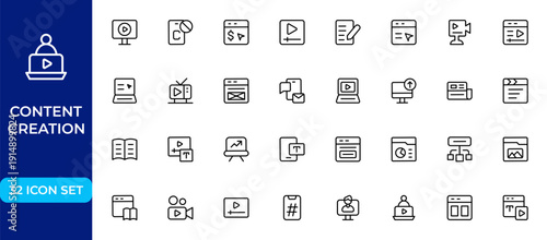 Content Creation Modern Line Icon Pack – Professional Outline Vector Symbols for Creator Workflow, Media Publishing and Digital Content Production