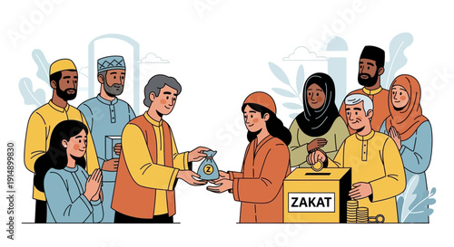 Charity scene depicting people from diverse backgrounds giving and receiving donations at a zakat box, viewed from the front