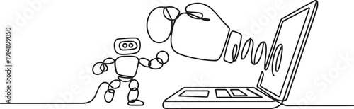 Single continuous line drawing robot being punched by boxing gloves from computer laptop. Cyber bullying. Robotic artificial intelligence. one line Icon drawing