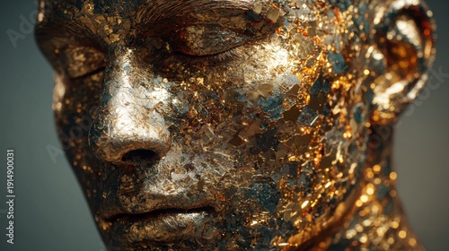 Intricate golden and silver mask with detailed textures on a human face sculpture displayed in a modern art gallery
