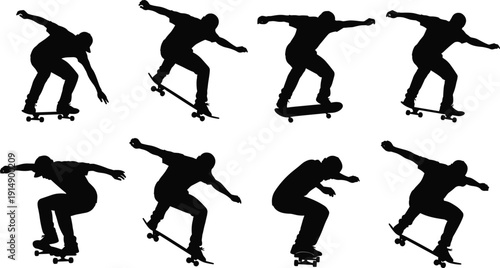 Skateboarding silhouette vector illustration sequence, ollie trick progression artwork, extreme sport design concept, urban lifestyle activity, skateboard motion artwork