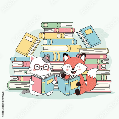 Cartoon Cat and Fox Reading Books Together