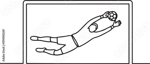 Single one line drawing goalkeeper saving goal on smartphone screen. Soccer player in action. Football player. Goalkeeper defense position. Save penalty. one line Icon drawing