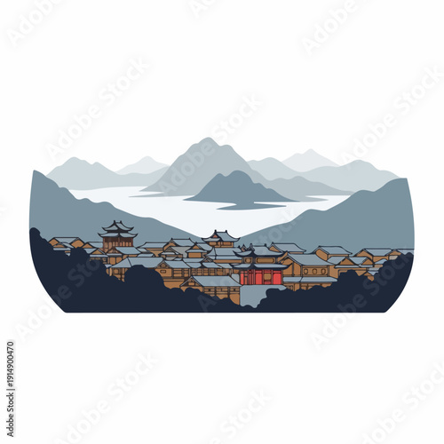 mountain village in China with morning fog