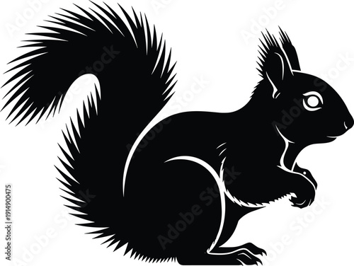 Squirrel Silhouette with Bushy Tail Representing Wildlife Forest Animal and Nature Concept in Detailed Black Vector Illustration Isolated on White