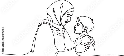 Single continuous line drawing of young Arabian mother talk and give wise advice to her son as life lesson. Islamic muslim happy family motherhood concept. one line Icon drawing