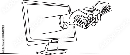 Continuous one line drawing hands out of the monitor screen while holding a stack of banknotes. Happy. Enthusiastic. Monthly bonus. Things from Screen. one line Icon drawing