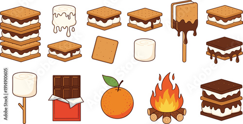Smore Dessert Vector Illustration Set with Marshmallow Chocolate Graham Crackers Campfire and Orange Isolated on White Background for Food Design