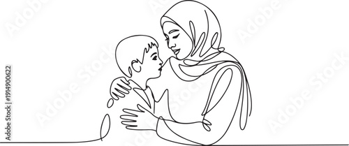 Single continuous line drawing of young Arabian mother talk and give wise advice to her son as life lesson. Islamic muslim happy family motherhood concept. one line Icon drawing