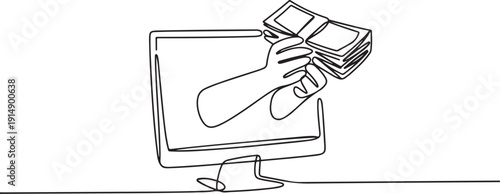 Continuous one line drawing hands out of the monitor screen while holding a stack of banknotes. Happy. Enthusiastic. Monthly bonus. Things from Screen. one line Icon drawing