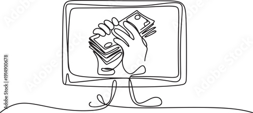 Continuous one line drawing hands out of the monitor screen while holding a stack of banknotes. Happy. Enthusiastic. Monthly bonus. Things from Screen. one line Icon drawing