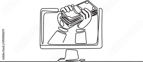 Continuous one line drawing hands out of the monitor screen while holding a stack of banknotes. Happy. Enthusiastic. Monthly bonus. Things from Screen. one line Icon drawing