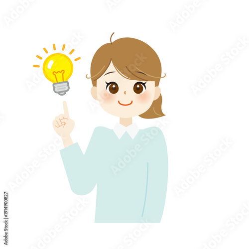 電球を指さしてひらめく女性のイラスト　アイデア・解決・発想05
