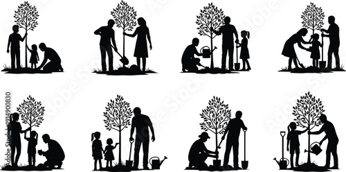 Tree planting silhouette vector illustration with adults and children, environmental care artwork, sustainability design concept, nature conservation lifestyle, community gardening artwork