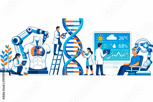 Future Medicine and Biotechnology Research Illustration. Scientists, DNA Editing, Robotic Surgery, and Advanced AI Diagnostics.