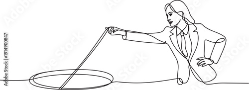 Continuous one line drawing businesswoman stretch out rope into hole. Woman wondering and looking at big hole, business concept in opportunity. one line Icon drawing