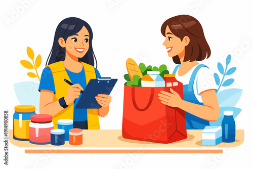 Order Fulfillment: Female Worker Checking Grocery Delivery List with Customer. E-commerce Food Service and Inventory Management Vector Illustration.