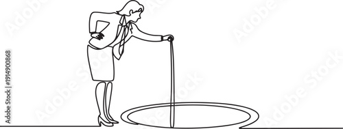 Continuous one line drawing businesswoman stretch out rope into hole. Woman wondering and looking at big hole, business concept in opportunity. one line Icon drawing