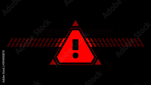 Red futuristic warning sign icon with exclamation mark in cyber hud style on black background.