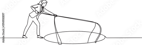 Continuous one line drawing businesswoman stretch out rope into hole. Woman wondering and looking at big hole, business concept in opportunity. one line Icon drawing