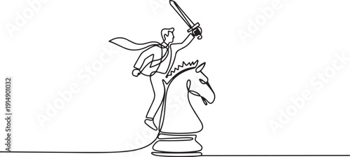 Single one line drawing of brave businessman riding big horse chess piece with sword. Business strategy, winning competition, achievement goal concept. one line Icon drawing