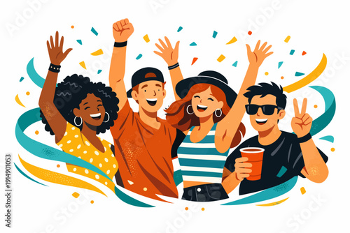 Diverse Young Friends Cheering and Celebrating Success. Group of Happy People at a Festival, Party, or Event. Modern Textured Flat Illustration.