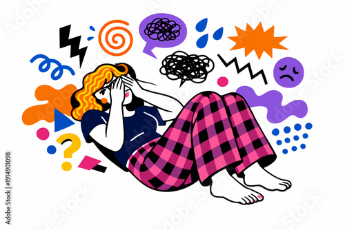 Stress and Anxiety Overload: Woman Covering Face Surrounded by Abstract Chaos and Negative Thoughts. Modern Vector Illustration of Mental Health Crisis.