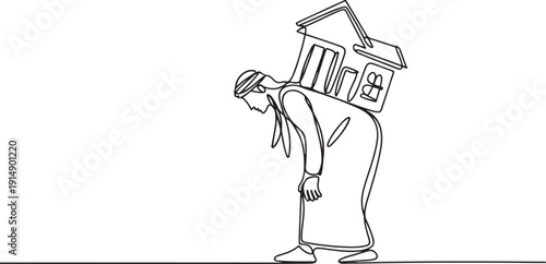 Continuous one line drawing Arabian businessman carrying heavy house on his back. Financial mortgage, need pay taxes expenses. Bank loan. Lease, finance. one line Icon drawing