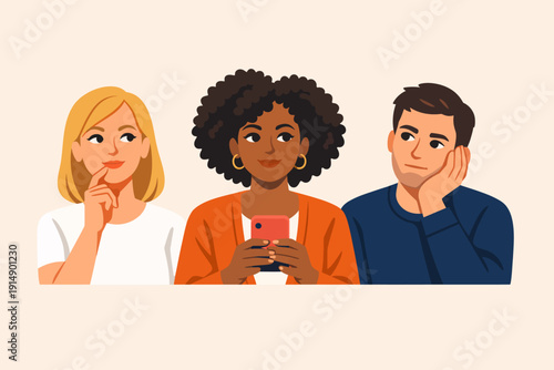 Diverse Group Portrait: Woman Pondering, Person Texting on Smartphone, and Man Looking Bored. Modern Vector Illustration.