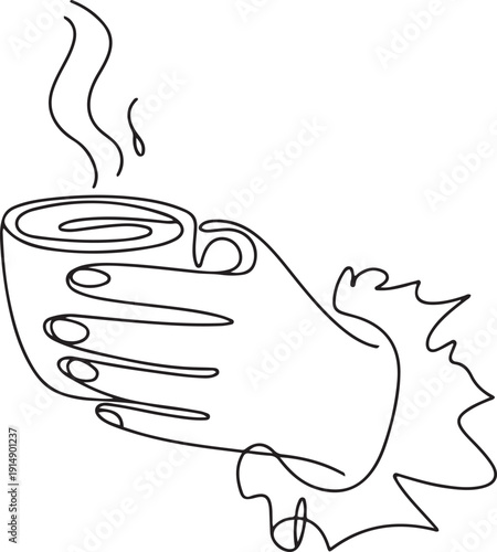Single continuous line drawing hand holding mug of coffee through torn white paper. Have break and refreshing drink. Energizing drink to wake up at morning. one line Icon drawing