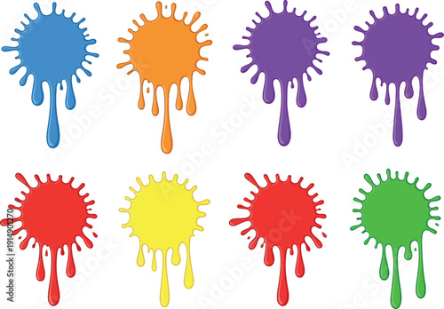 Dynamic colorful paint splatters vector illustration with dripping liquid effect on a white background, vibrant artistic graphic elements