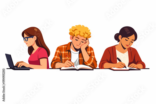 Diverse Students Studying and Working Together. Young people taking notes, writing, and using a laptop for learning or corporate collaboration.