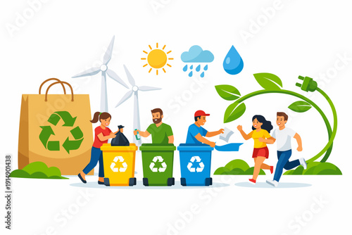 People Sorting Waste into Recycling Bins, Promoting Sustainable Environmental Protection, Renewable Energy, and Eco-Friendly Lifestyle Vector Illustration.