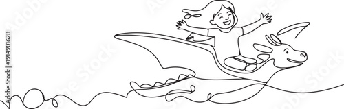 Single one line drawing happy little girl flying with fantasy dragon. Child fly and sitting on back dragon at the sky. Kids imaginary fairytale. one line Icon drawing