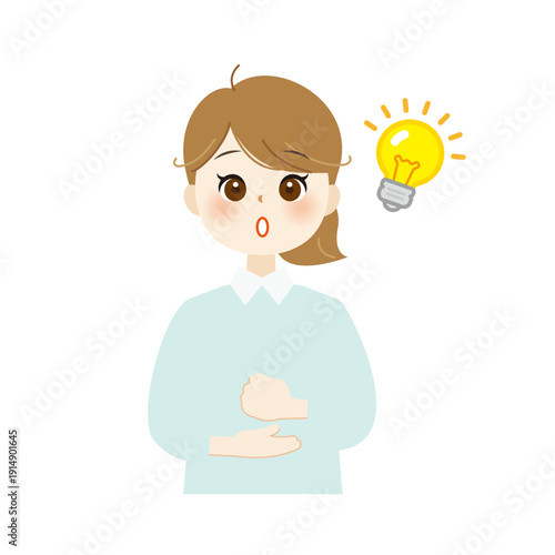 電球を指さしてひらめく女性のイラスト　アイデア・解決・発想07
